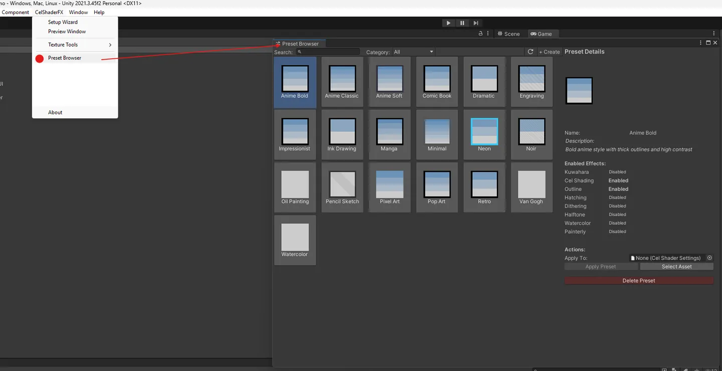 The Preset Browser: a grid of preset cards, with the selected preset's details and an Apply Preset button.
