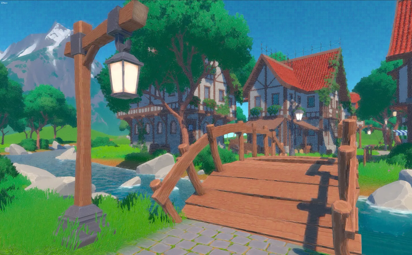 The Painterly effect on a village scene with a wooden bridge and a lamp post.