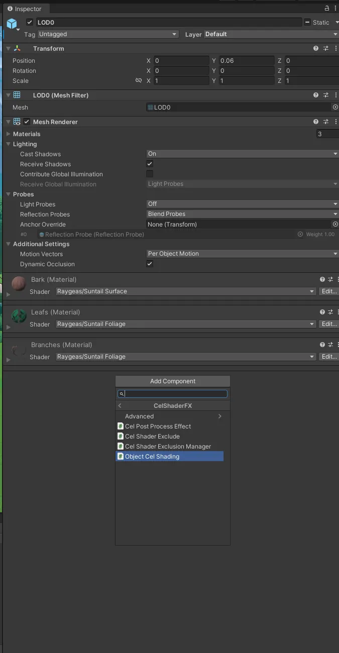 The Add Component menu on an object, with Object Cel Shading highlighted.