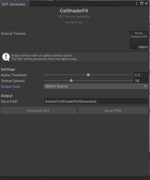 The SDF Generator window: source texture, alpha threshold, spread, output size and save path.