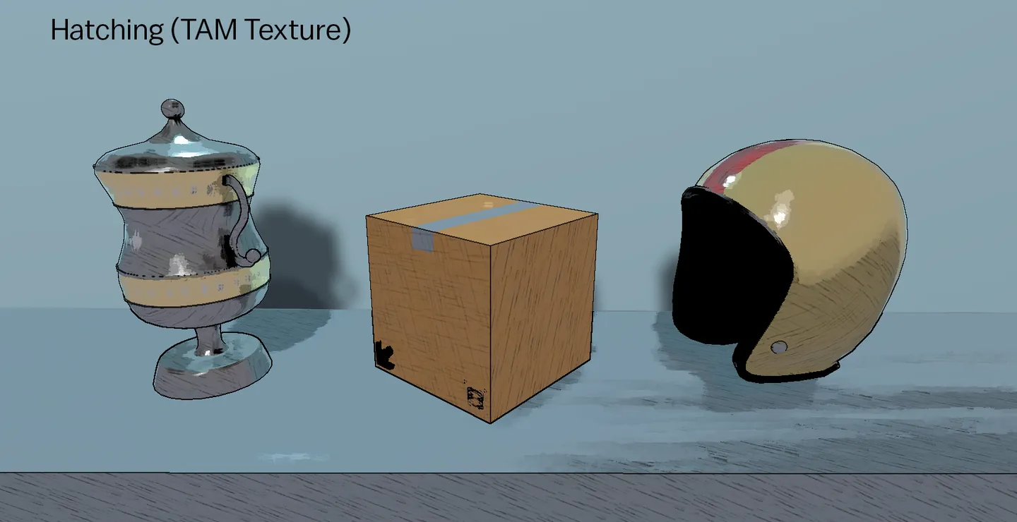 Tonal Art Map hatching: a metal urn, a cardboard box and a helmet drawn with cross-hatched line shading.