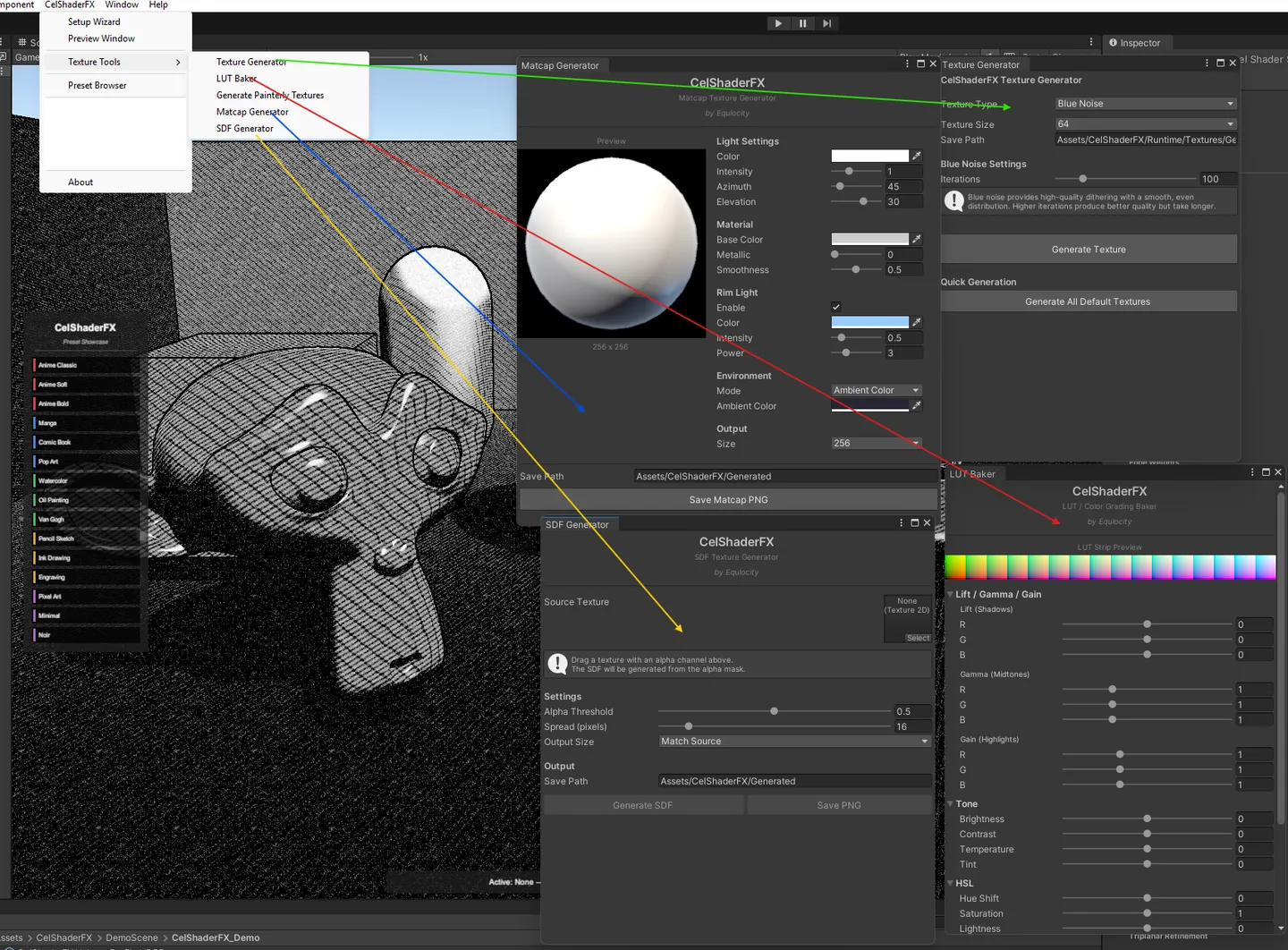The Texture Tools menu, with the texture generator, LUT baker, matcap generator and SDF generator windows open.
