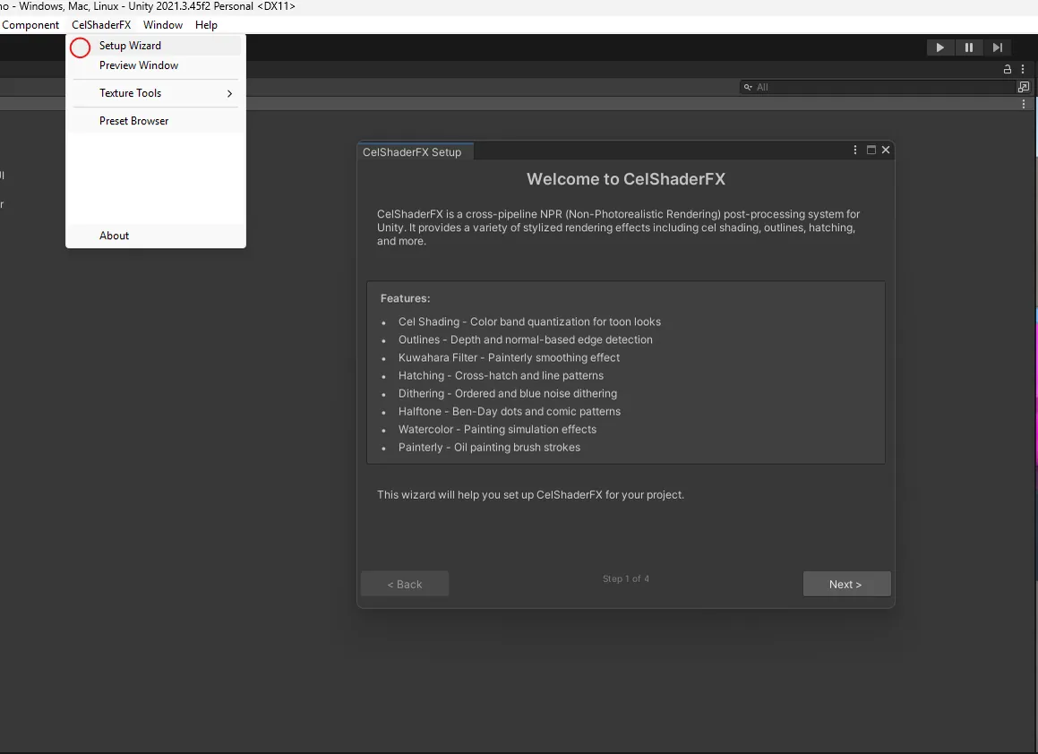 The CelShaderFX menu with Setup Wizard highlighted, and the Welcome to CelShaderFX wizard window.