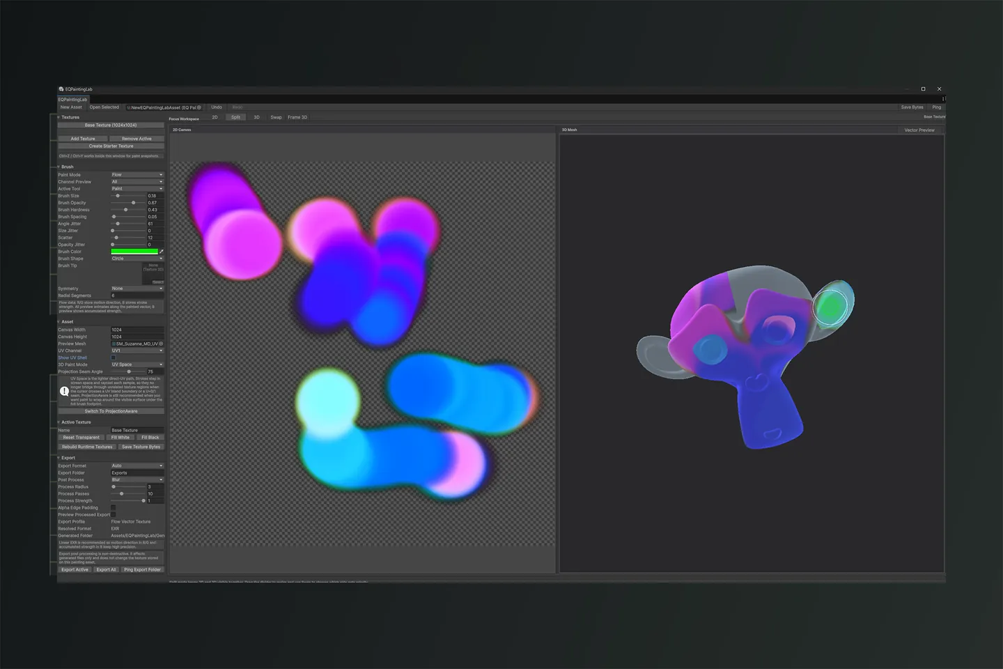 The editor with the 2D canvas on the left and the painted mesh preview on the right.