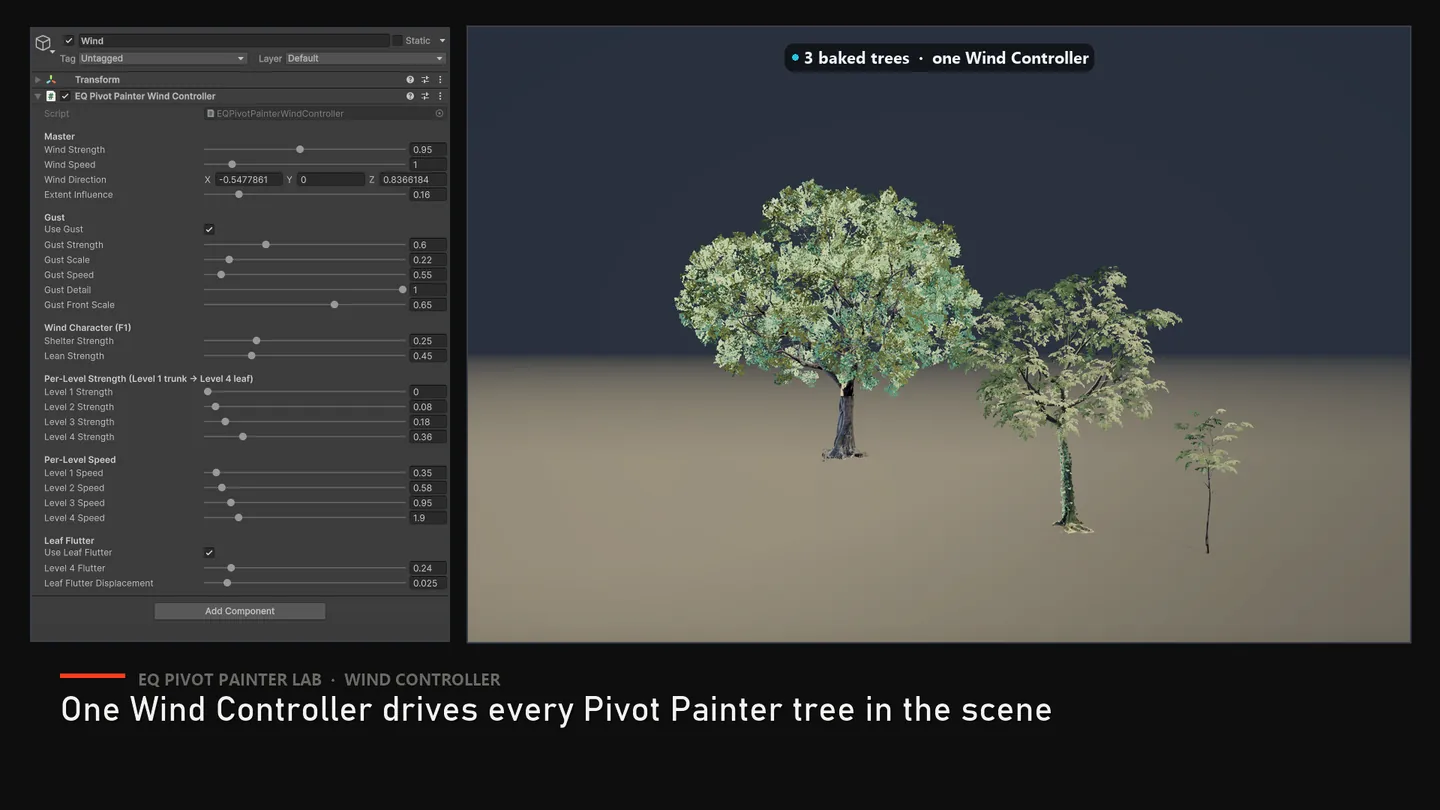 One Wind Controller driving every Pivot Painter tree in the scene.