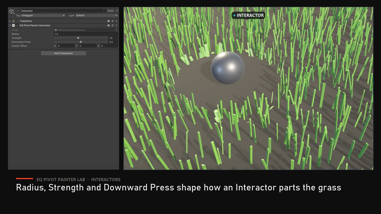 Radius, Strength and Downward Press shape how an Interactor parts the grass.