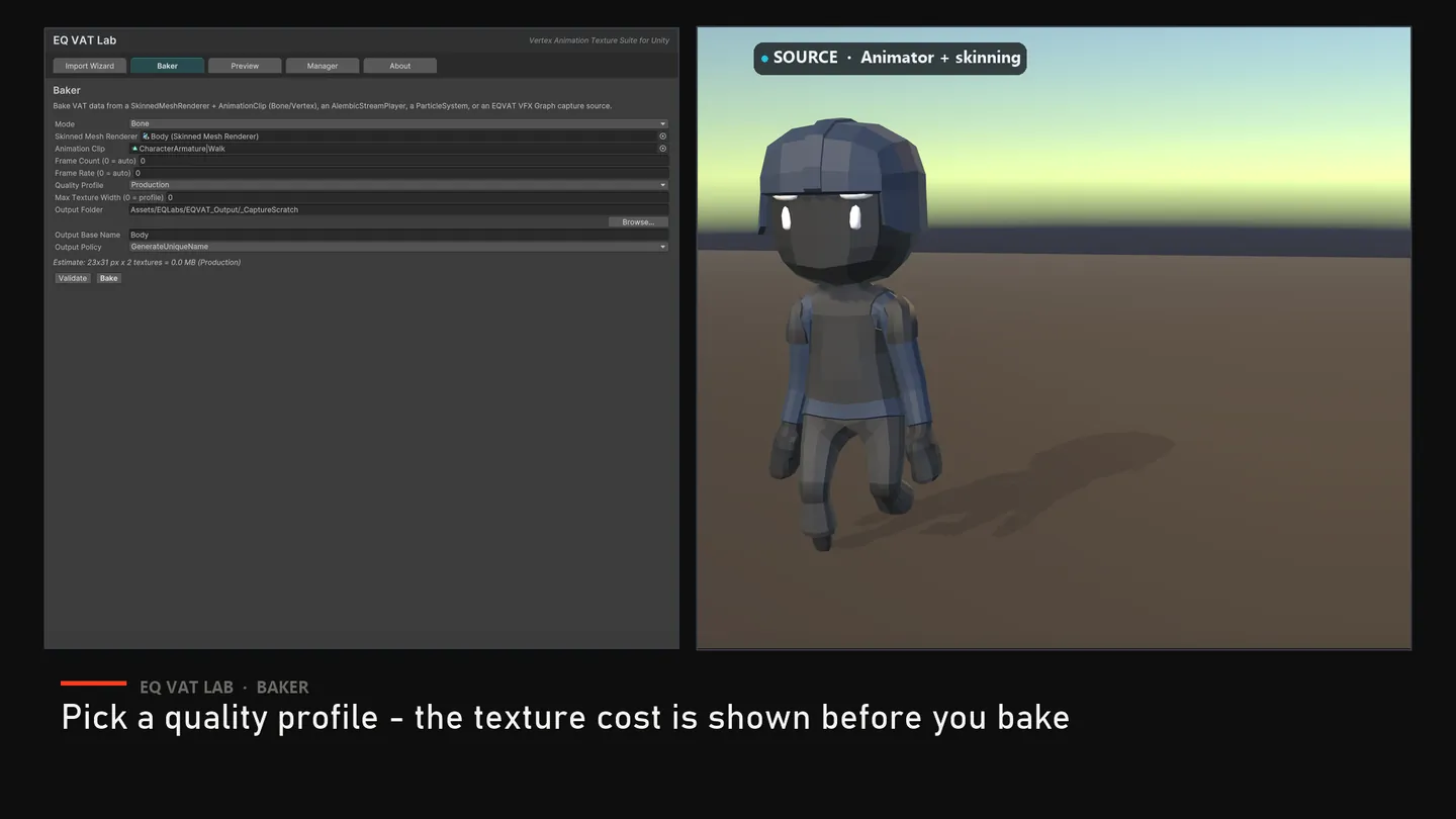 The Baker: pick a quality profile, and the texture cost is shown before you bake.