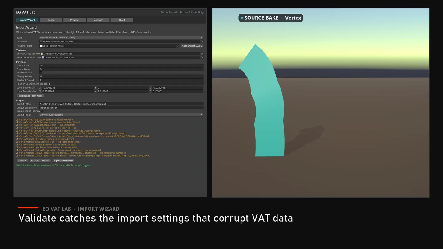 Validate catches the texture import settings that would corrupt VAT data.
