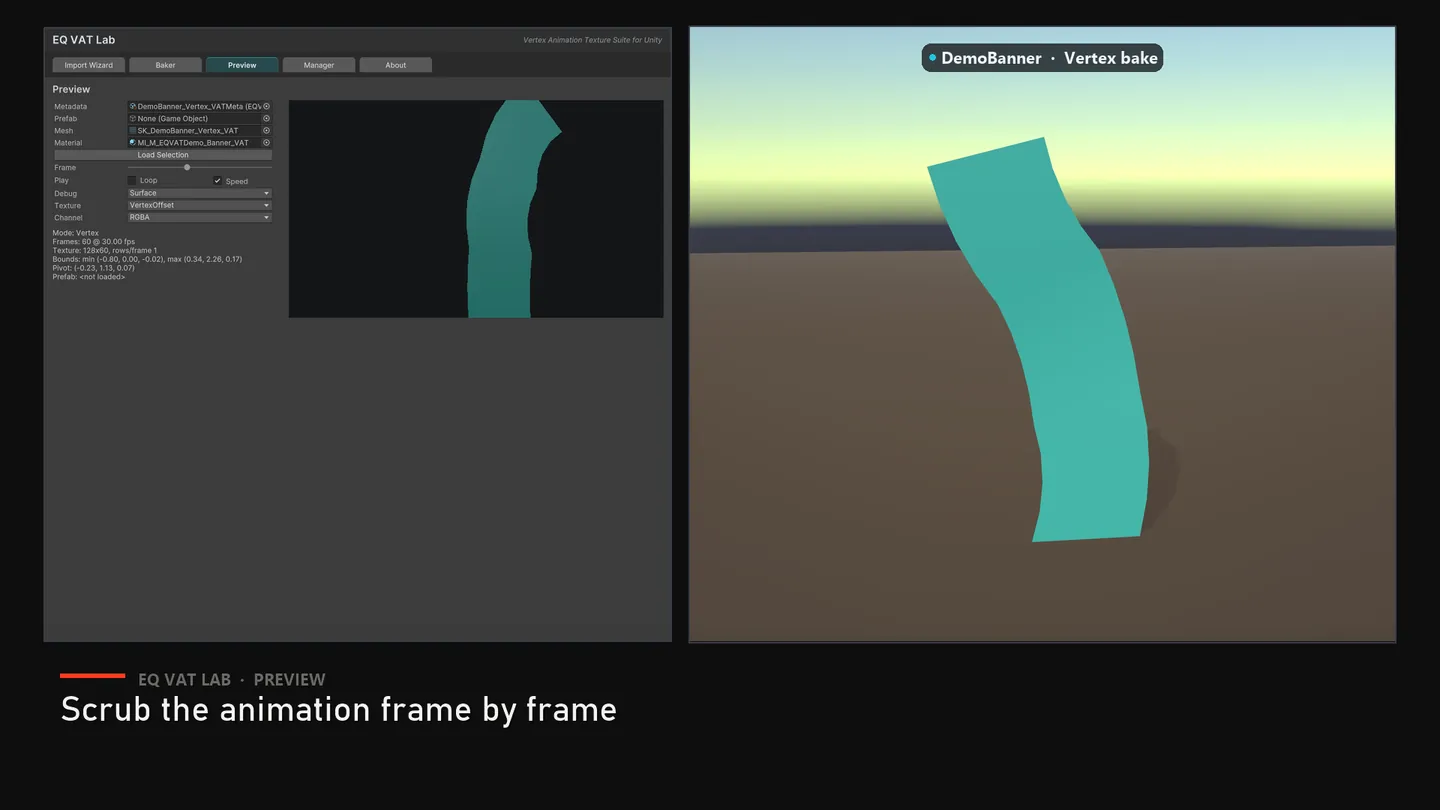 The Preview tab: scrub the animation frame by frame.