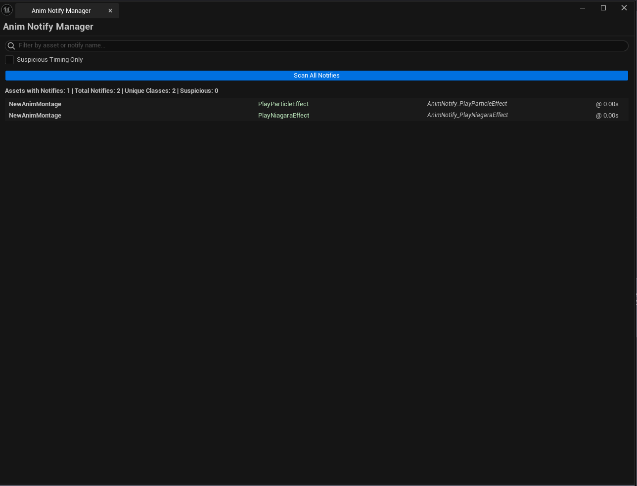 Screenshot 01 — Hero shot — Tool open after a project-wide scan, detail list showing notifies grouped by class, suspicious-timing rows highlighted.