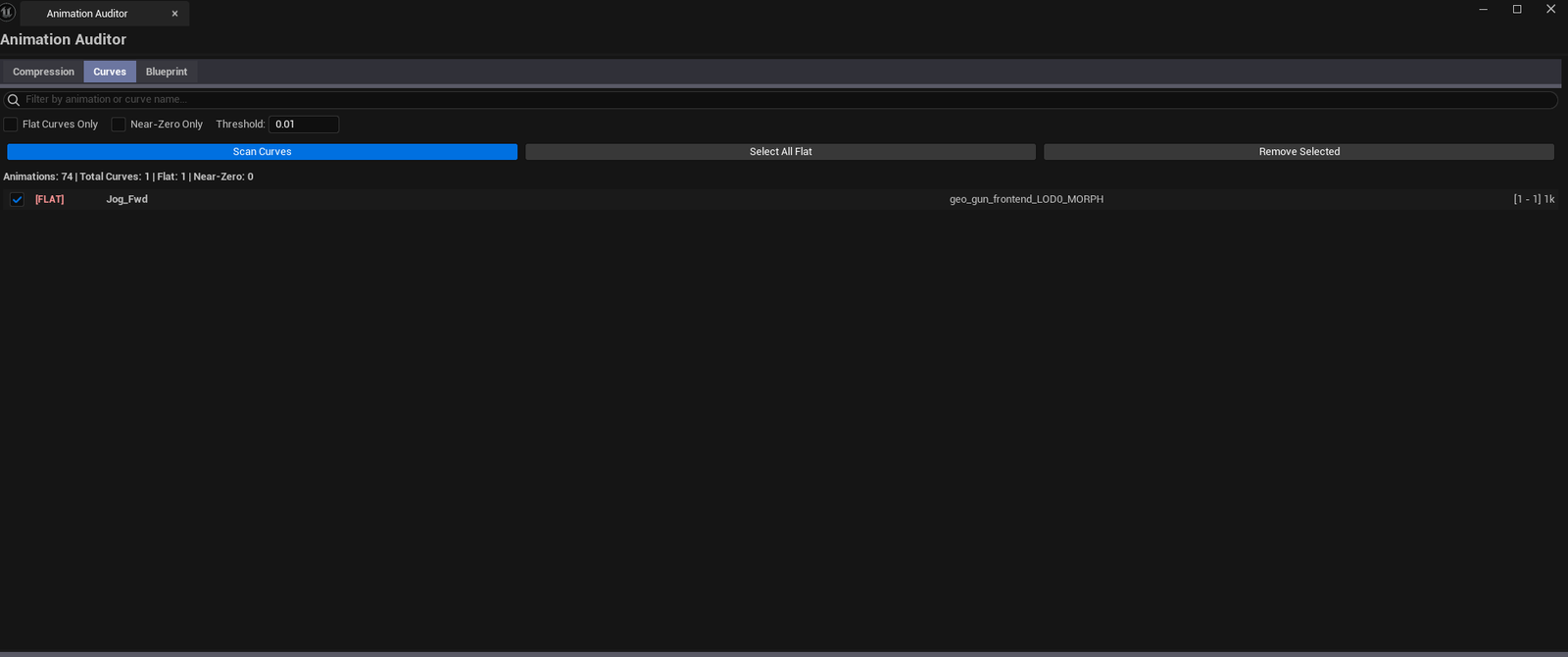 Screenshot 03 — Curves tab — Curve audit results with Flat-Only filter applied, Select All Flat + Remove Selected buttons visible.