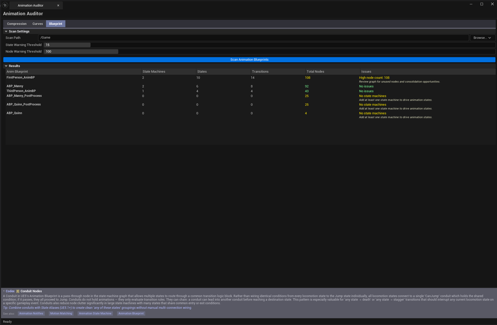 Screenshot 01 — Hero shot — Auditor open on the Compression tab with a populated, sorted list. Tab bar visible at top showing Compression / Curves / Blueprint.
