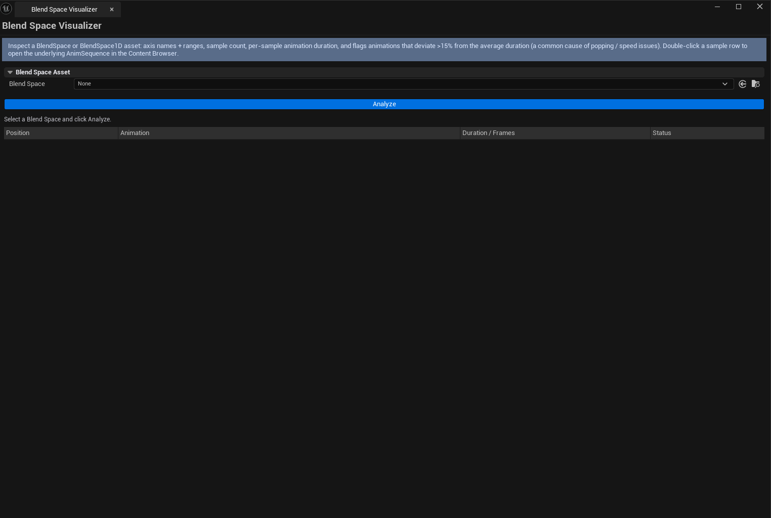 Screenshot 01 — Hero shot — Tool open with a 2D BlendSpace loaded, sample list populated, axis labels and ranges visible, summary line showing empty-sample count.