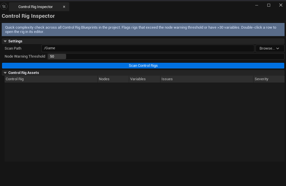 Screenshot 01 — Hero shot — Tool open after a scan, results list with mixed severities (OK / Warning / Critical), node and variable counts visible.