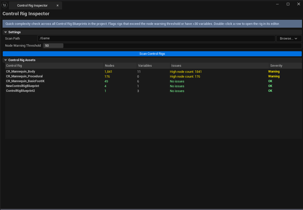 Screenshot 02 — Results list with thresholds — List view showing rigs sorted by node count, mix of severities visible, threshold field above.