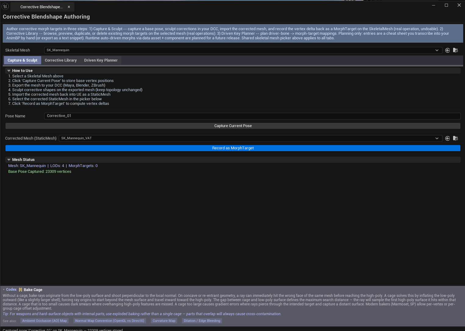 Screenshot 02 — Capture flow — Tab 1 with all fields filled in, Stats block showing "captured vertex count: 12345", Record Morph Target button highlighted.