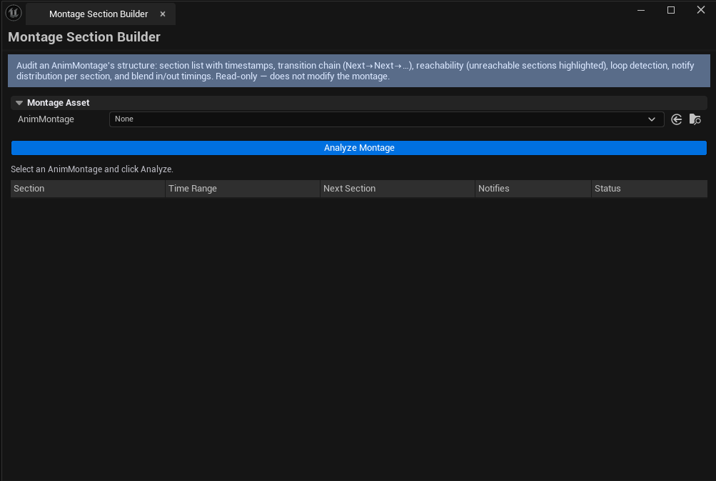 Screenshot 01 — Hero shot — Tool open with a multi-section combo montage loaded, section list populated, chain string visible, issues block highlighting one broken link.