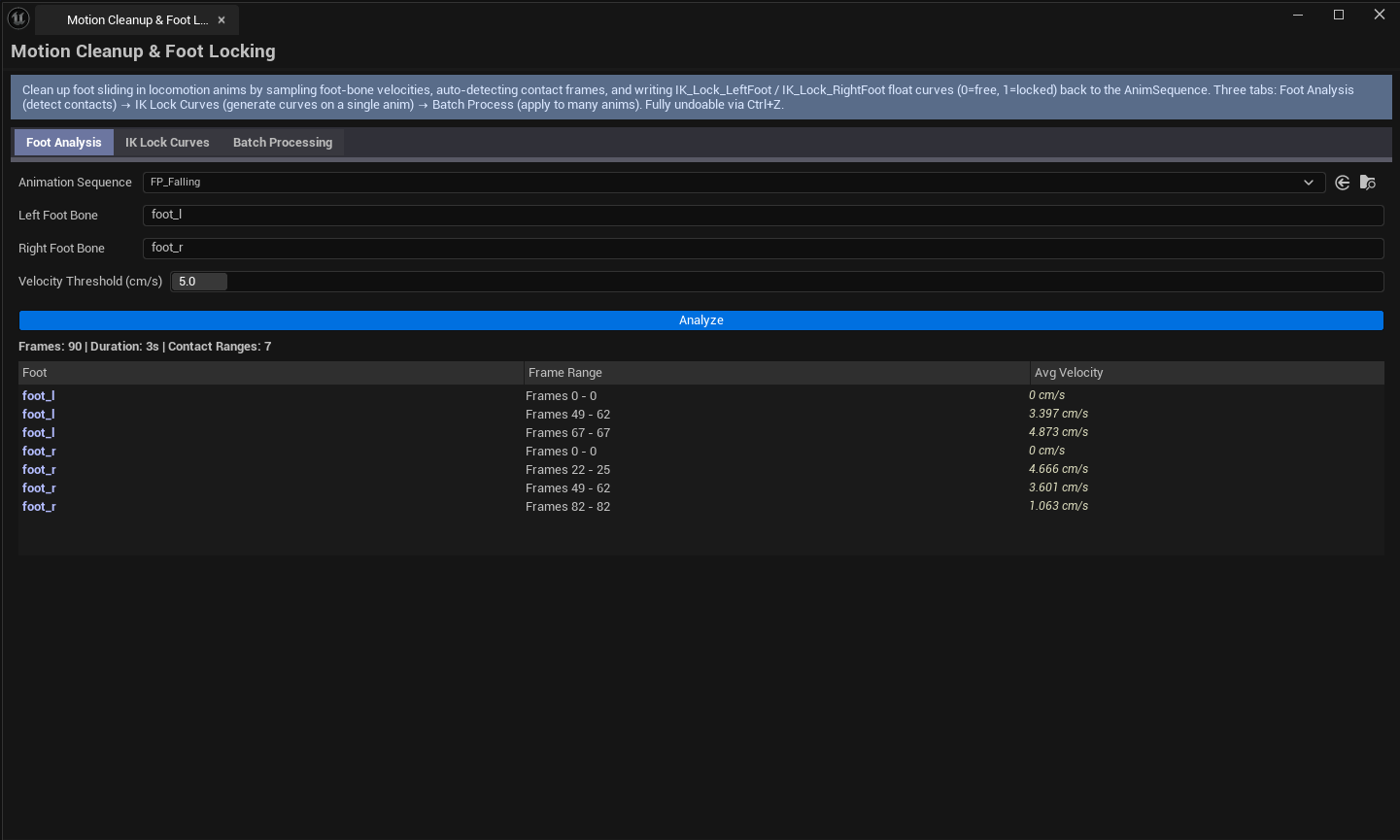 Screenshot 02 — Foot Analysis tab — Walk cycle loaded, contact ranges list showing alternating left/right contacts, stats line summarizing detection.