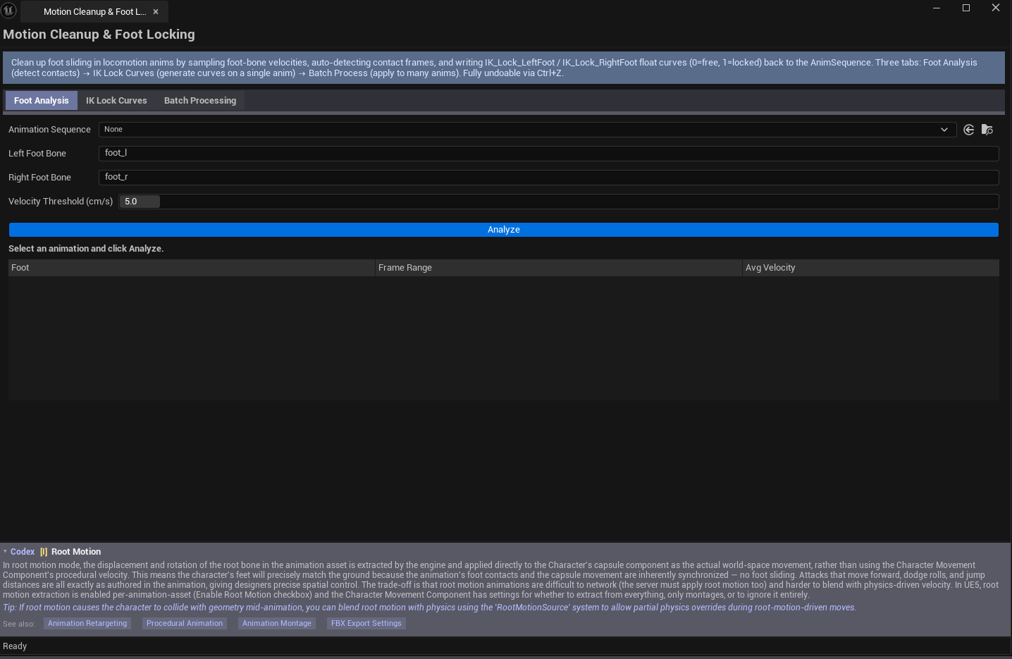 Screenshot 01 — Hero shot — Tool open on Foot Analysis tab with a walk cycle loaded, contact ranges list populated, stats showing "X contacts detected".