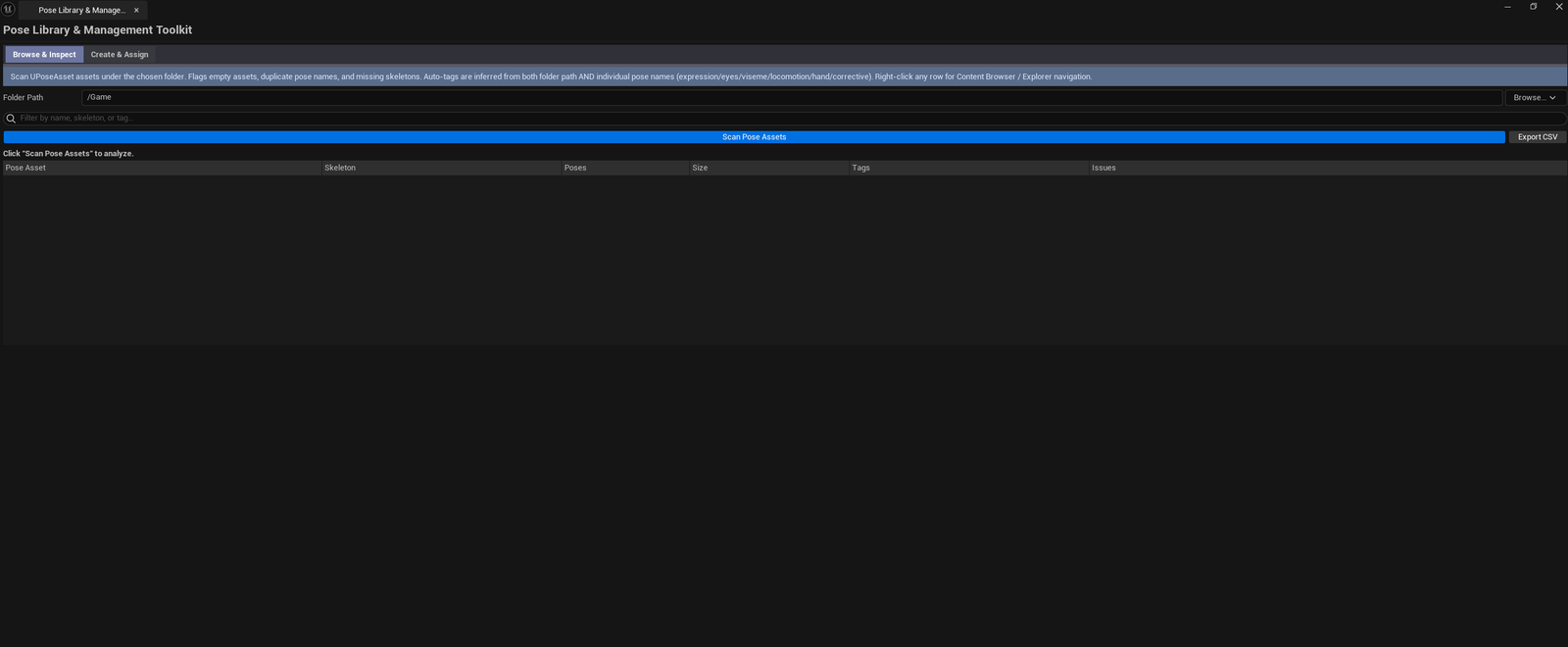 Screenshot 01 — Hero shot — Toolkit open on the Browse tab with a populated list showing pose counts, file sizes, and severity coding.