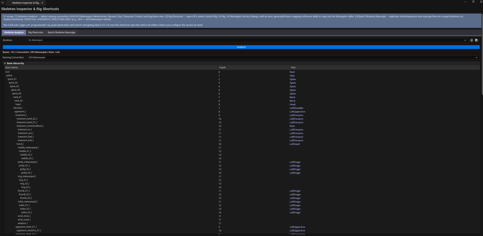 Screenshot 02 — Skeleton Analysis tab — Mannequin loaded, bone tree populated with role tags visible (Root / Spine / LeftHand / RightFoot etc.).
