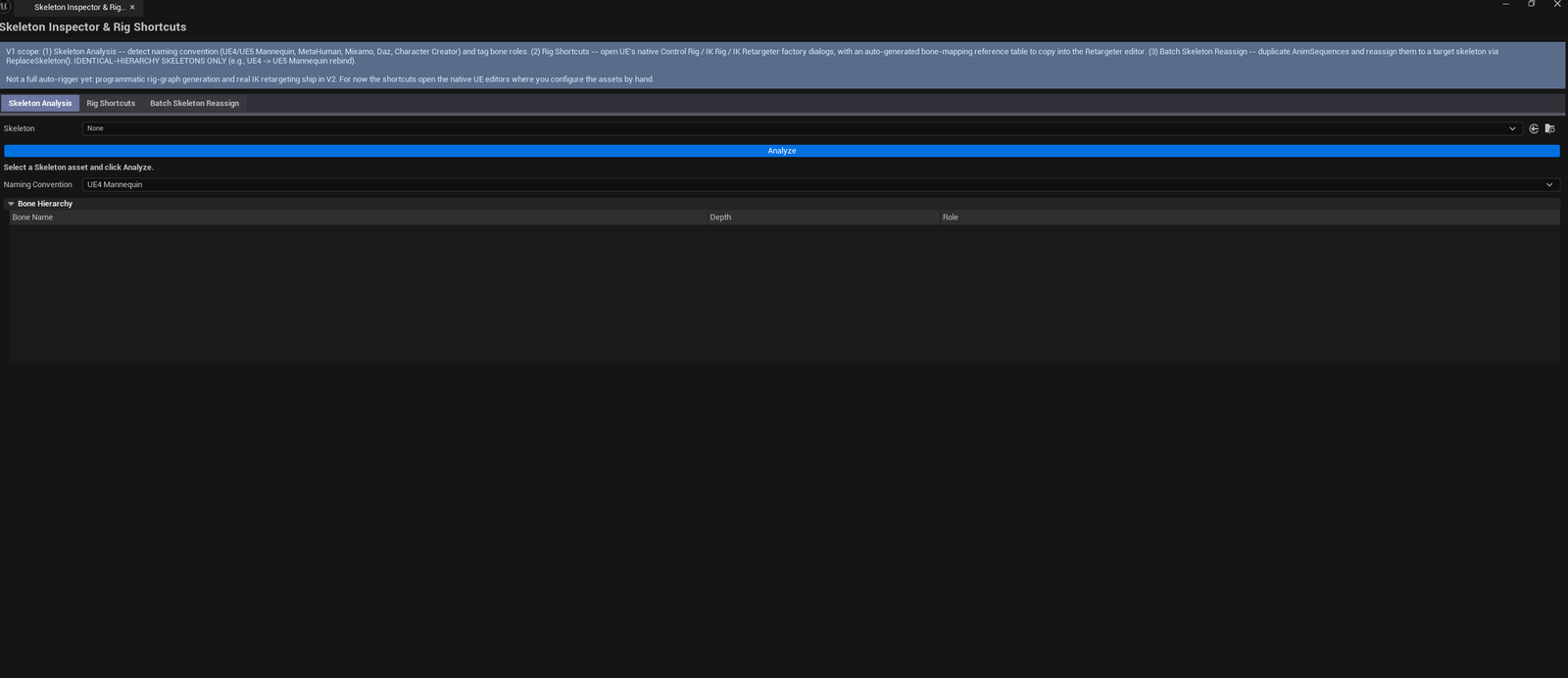 Screenshot 01 — Hero shot — Tool open on Skeleton Analysis tab with a Mannequin loaded, detected convention "UE4 Mannequin", bone tree populated with role tags.
