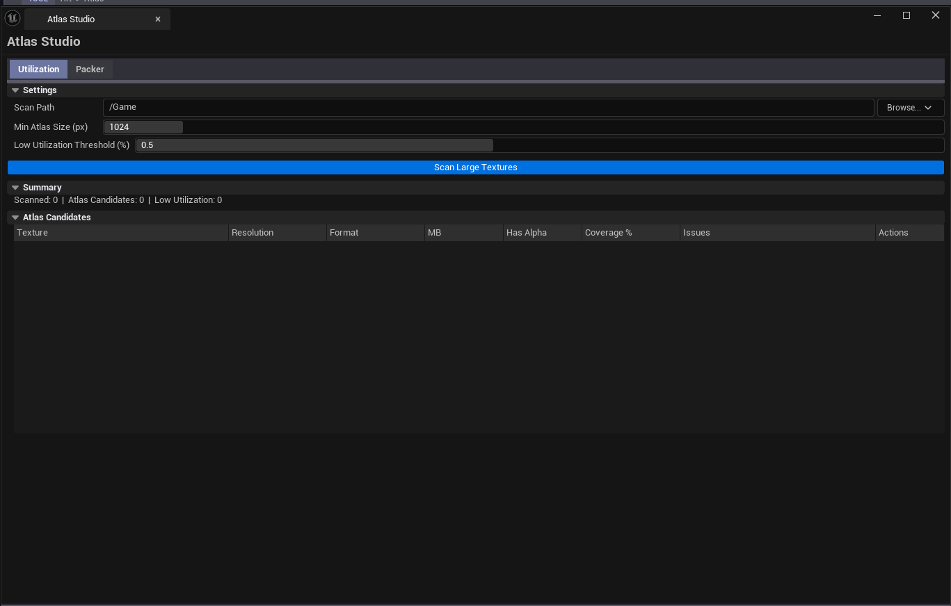 Screenshot 01 — Hero shot — Studio open on Utilization tab with a sprite atlas analyzed, showing alpha coverage percentage and waste regions.
