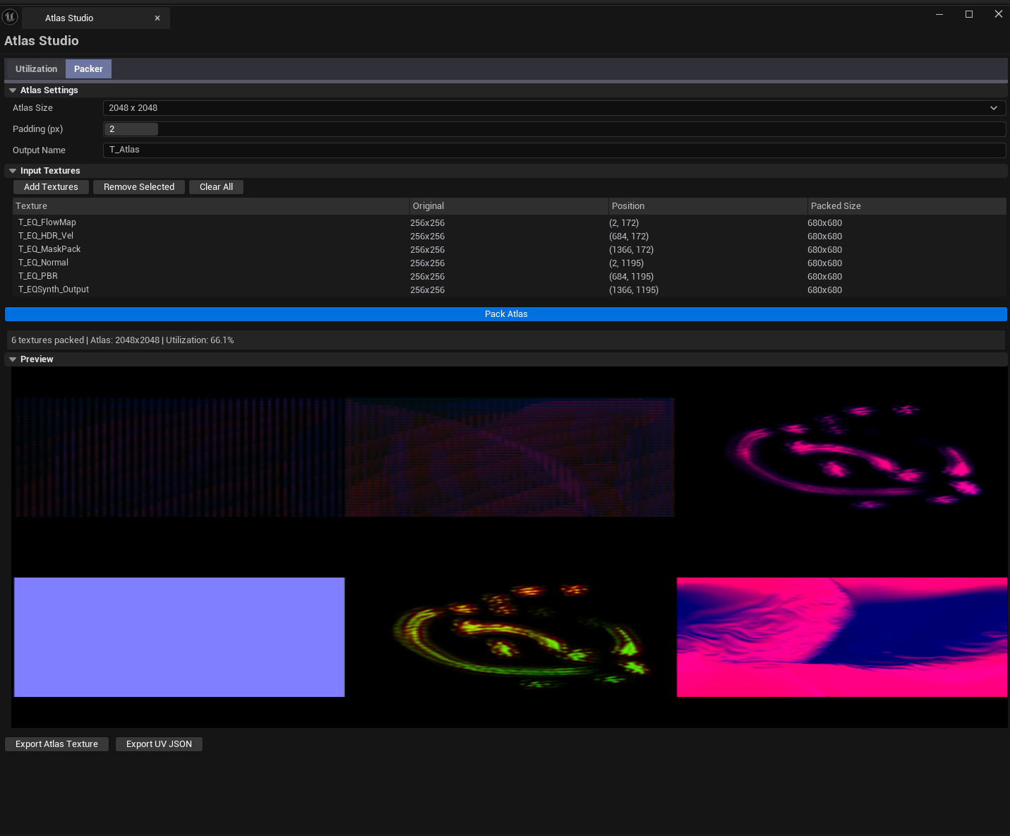 Screenshot 02 — Packer with sources — Packer tab with 12 source textures listed, grid set to 4×4, packed atlas preview visible.