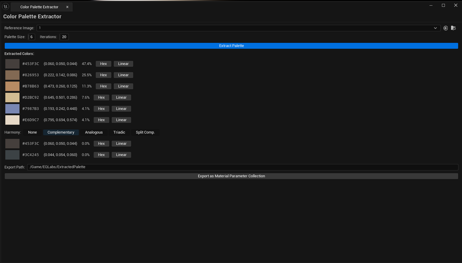 Screenshot 02 — Harmony view — Tool with palette extracted (6 swatches with weight percentages), Triadic harmony selected, three harmony swatches below.