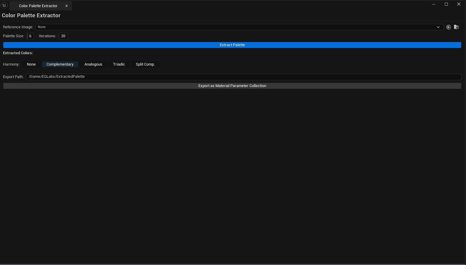 Screenshot 01 — Hero shot — Tool open with a reference texture loaded, 6-color palette extracted with weighted swatches, harmony block showing complementary colors below.