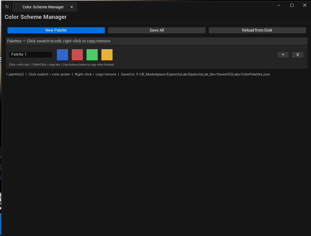 Screenshot 01 — Hero shot — Tool open with 3 named palettes ("Hero Materials", "UI Theme", "Brand Colors"), each showing colored swatches with mixed values.