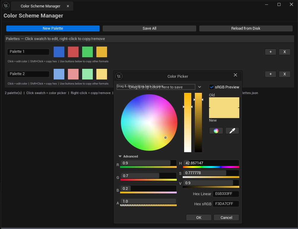 Screenshot 02 — Color picker open — Tool with one swatch's color picker open, showing UE's full color editor with the swatch's current value.