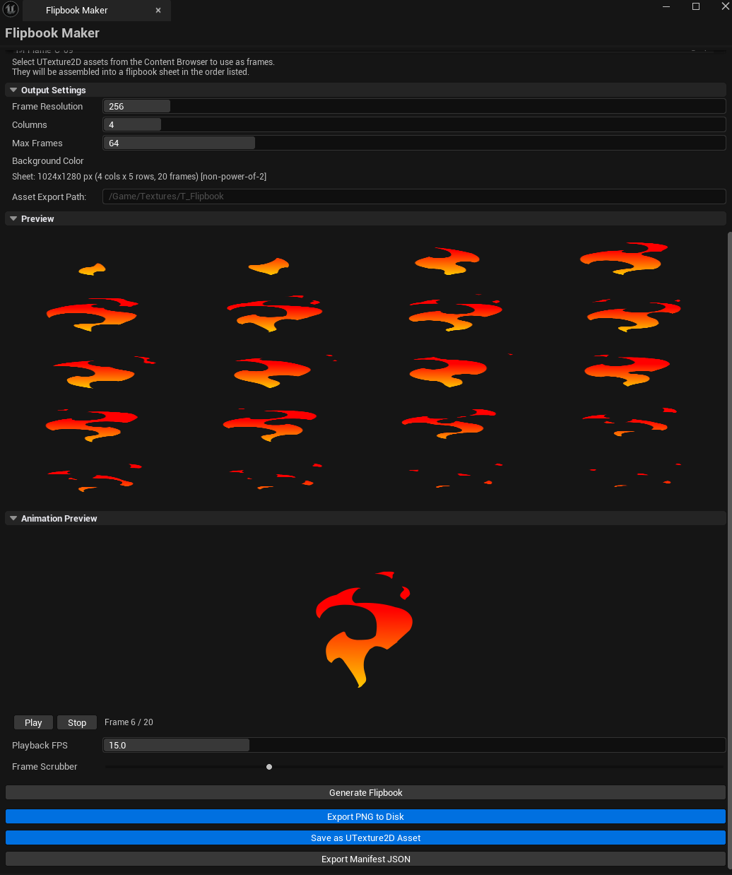 Screenshot 02 — Animation preview — Tool with a sprite sheet generated, animation preview playing at 15 FPS, scrubber visible.