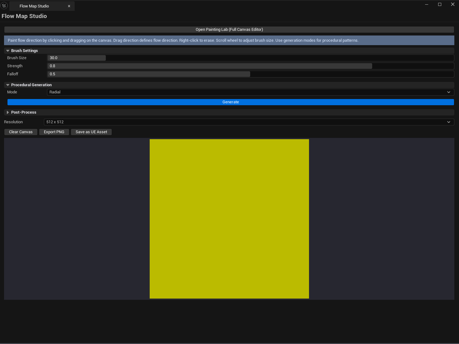 Screenshot 01 — Hero shot — Studio open with a painted flow map visible on the canvas, brush ring on the canvas, arrow overlay showing flow vectors.