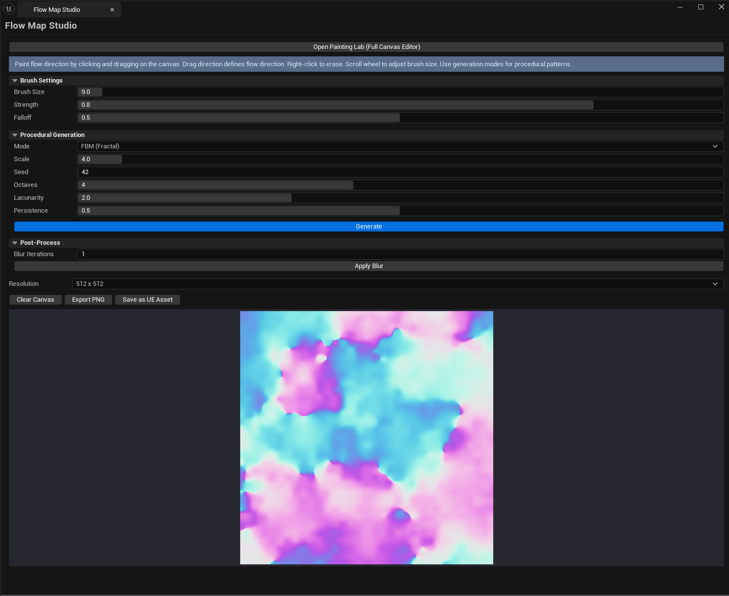 Screenshot 02 — Procedural generation — Studio showing a Vortex pattern generated, color-coded flow visible, arrow overlay highlighting rotation.