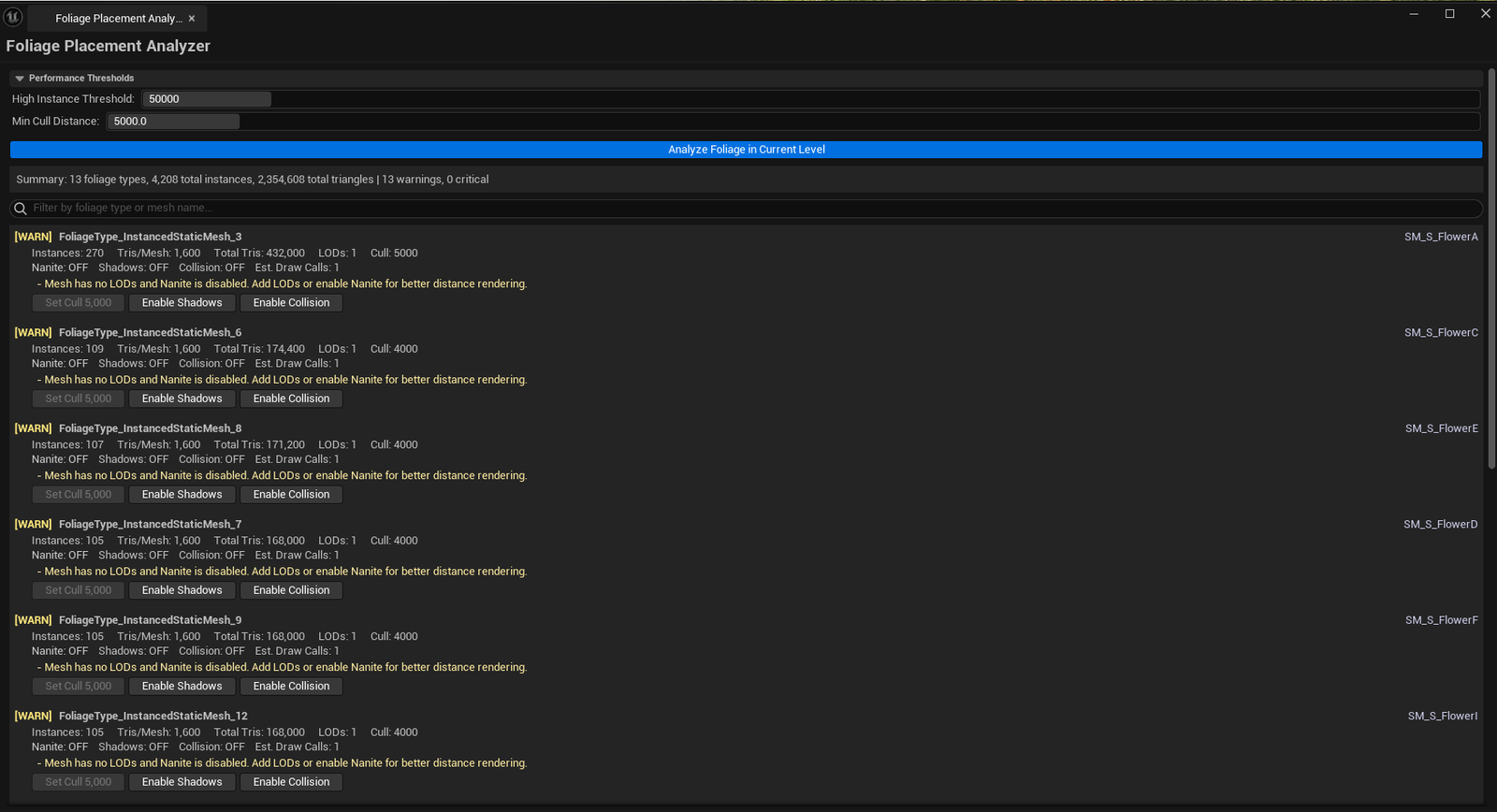 Screenshot 02 — Reports with suggestions — Reports list sorted by Critical severity, Suggestions column showing actionable fixes (e.g., "Reduce LOD0 tris by 50%", "Lower cull distance to 3000").