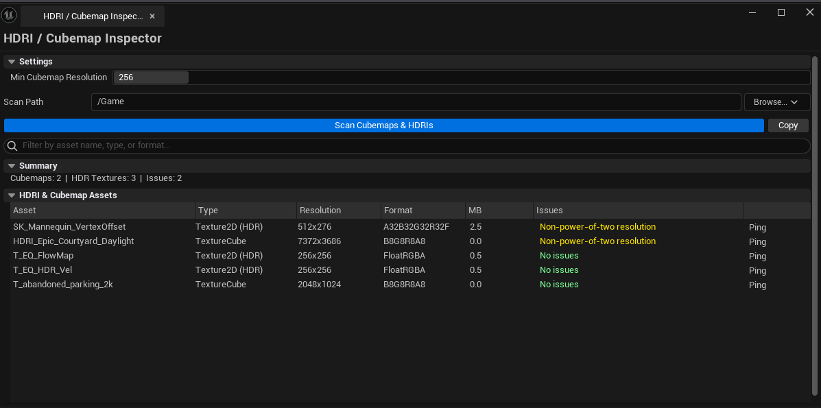 Screenshot 01 — Hero shot — Inspector open after a project-wide scan, results list showing both TextureCube and HDR Texture2D assets with resolution and memory size visible.