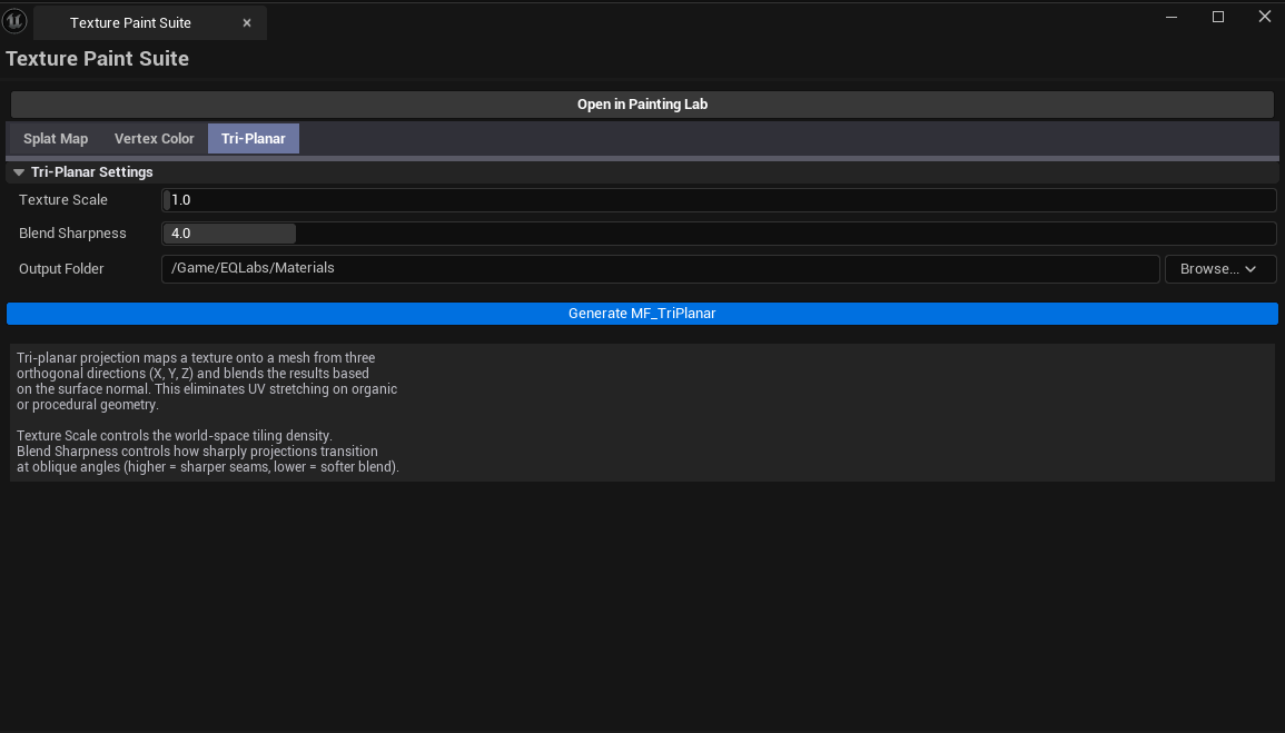 Screenshot 01 — Hero shot — Suite open on Splat Map tab with 4 layer names defined, output path configured, generated splat texture preview visible.