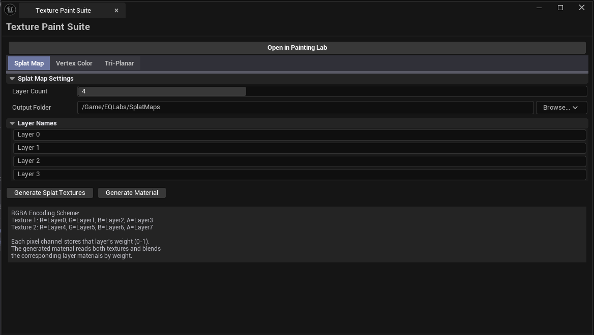 Screenshot 02 — Splat tab with material — Splat Map tab with 4 named layers, generated splat texture and material function both visible in output folder.