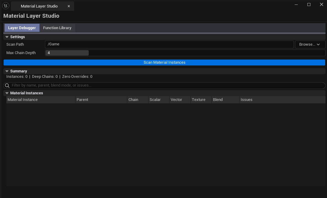 Screenshot 01 — Hero shot — Studio open on Debugger tab with a material instance loaded, parent chain visible (3 levels deep), override count next to each level.