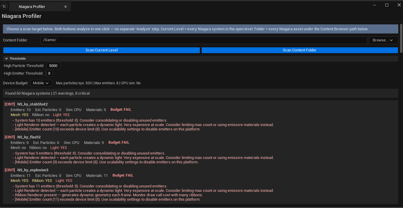 Screenshot 02 — Reports list with budget — Reports list with Mobile profile active, several rows showing Pass / Fail status in the Budget column.