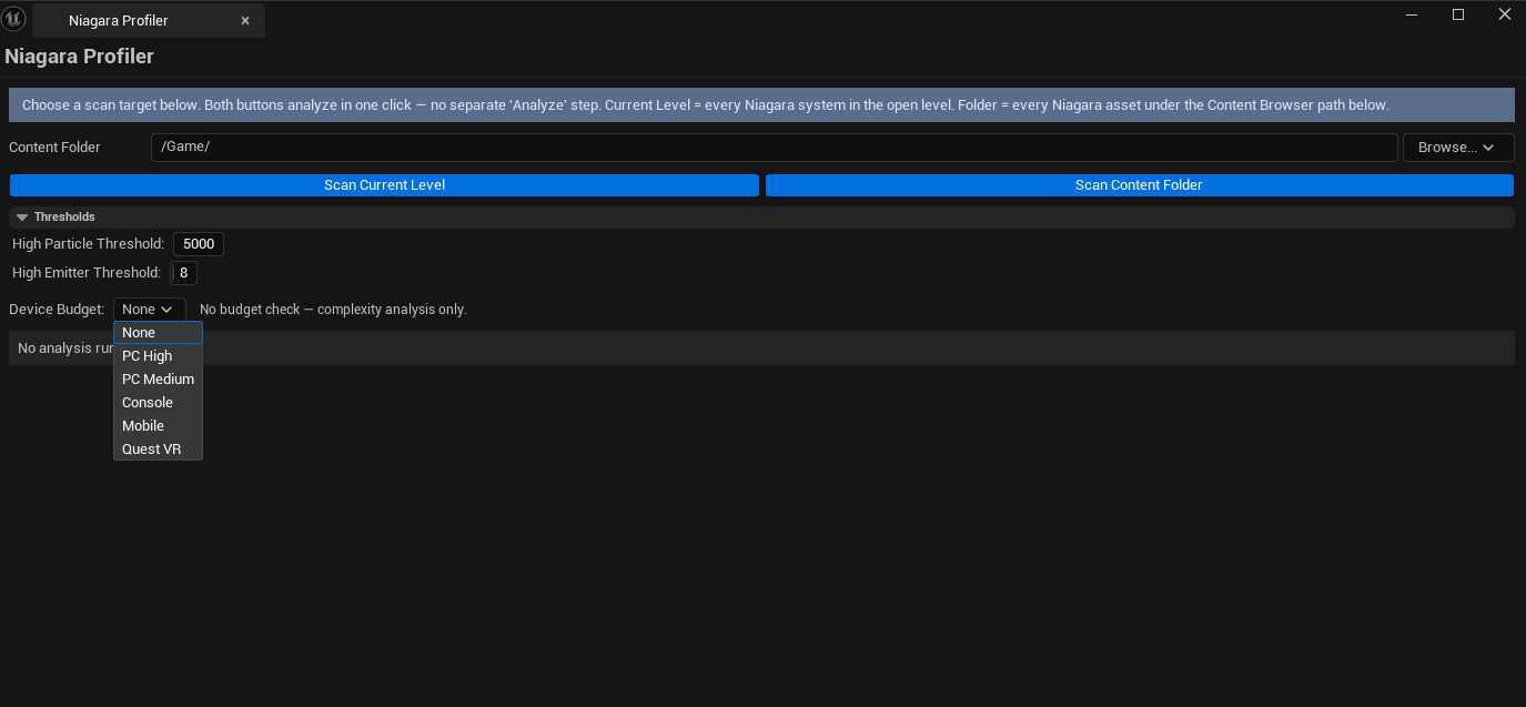 Screenshot 01 — Hero shot — Profiler open after a project-wide scan, results list with mixed severities, Mobile device profile selected showing budget pass/fail per system.