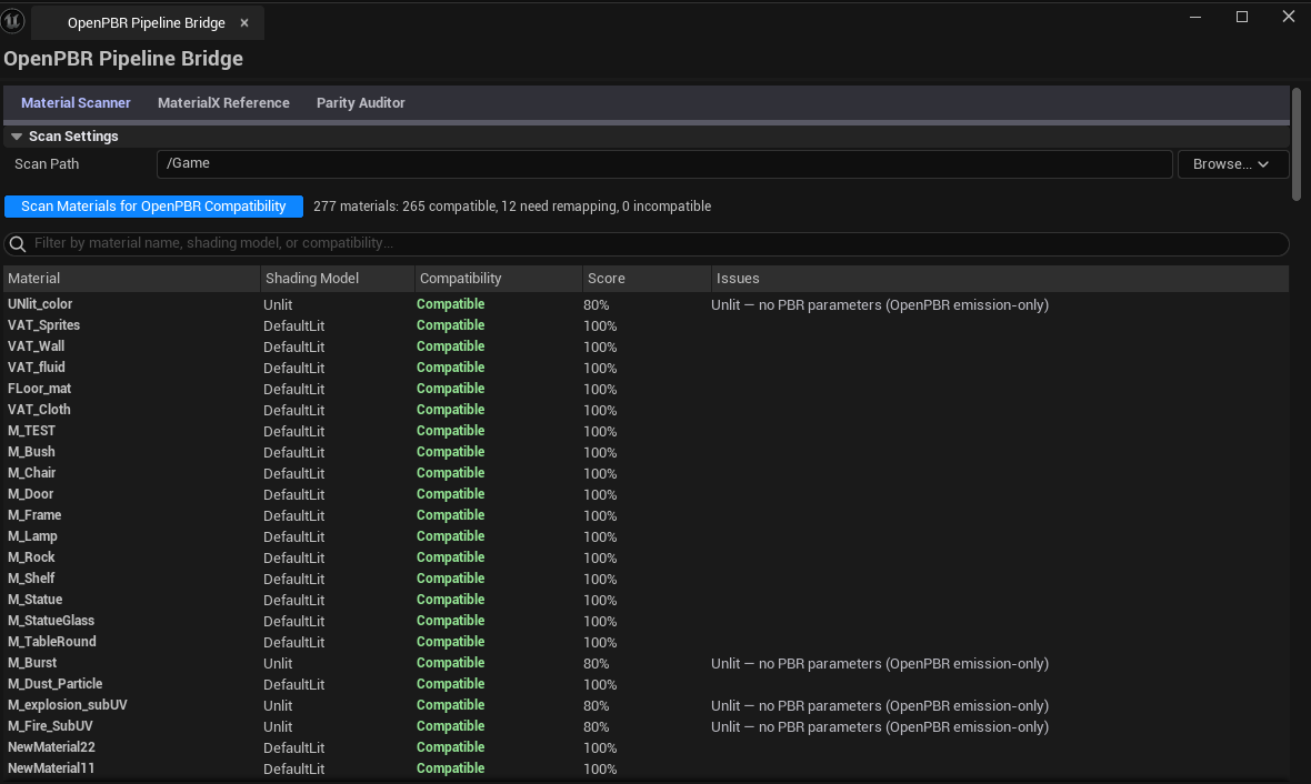 Screenshot 02 — Material Scanner with classifications — Scanner tab with 20+ materials classified, mix of statuses, parity score column visible.