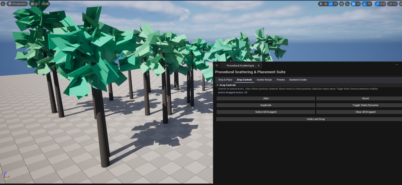 Screenshot 02 — Drop Controls — Tab 2 with several dropped actors visible in viewport, Jitter / Reset / Duplicate buttons in the panel.
