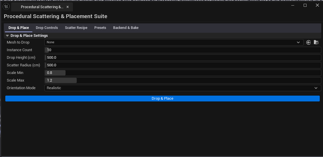 Screenshot 01 — Hero shot — Suite open on Drop & Place tab, with several rocks scattered on a terrain via the drop, viewport visible behind.