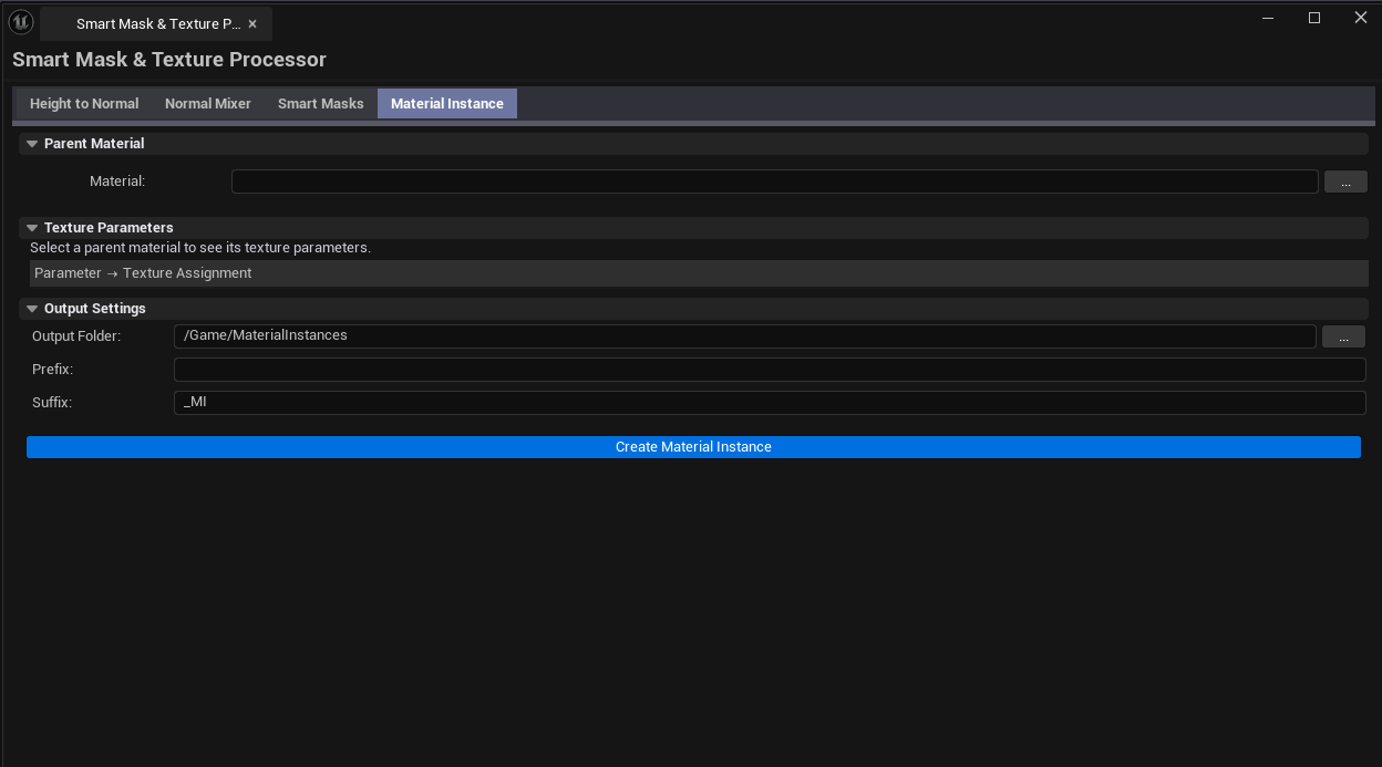 Screenshot 03 — Material Instance Factory — Factory tab with master material loaded, 5 texture param slots populated with assigned textures, Create button ready.