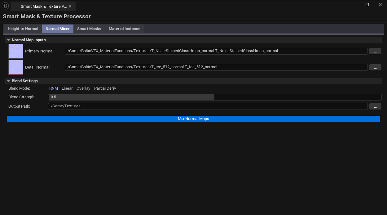 Screenshot 02 — Normal Map Mixer — Mixer tab with two normal maps loaded (Primary + Detail), RNM blend mode selected, output configured.