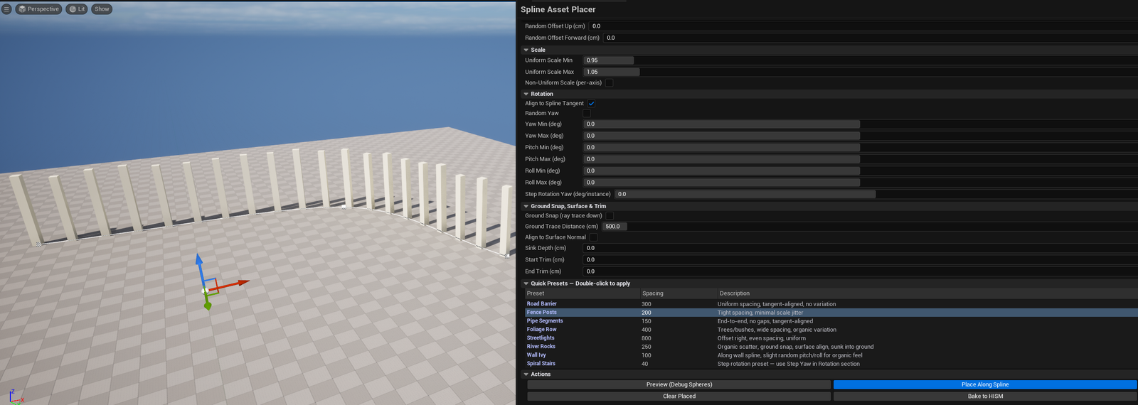 Screenshot 02 — Spline Asset Placer with preset — Panel with Fence preset selected, spline visible in viewport with fence posts placed along it.