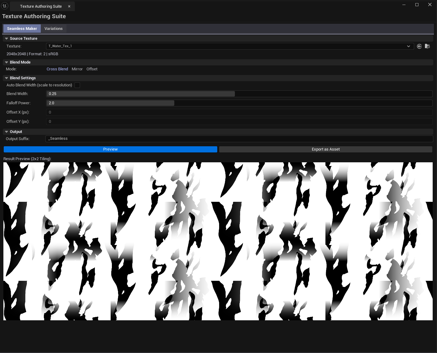 Screenshot 01 — Hero shot — Suite open on Seamless tab with source texture loaded, blend mode set to Cross-Blend, preview showing tiled result without seams.
