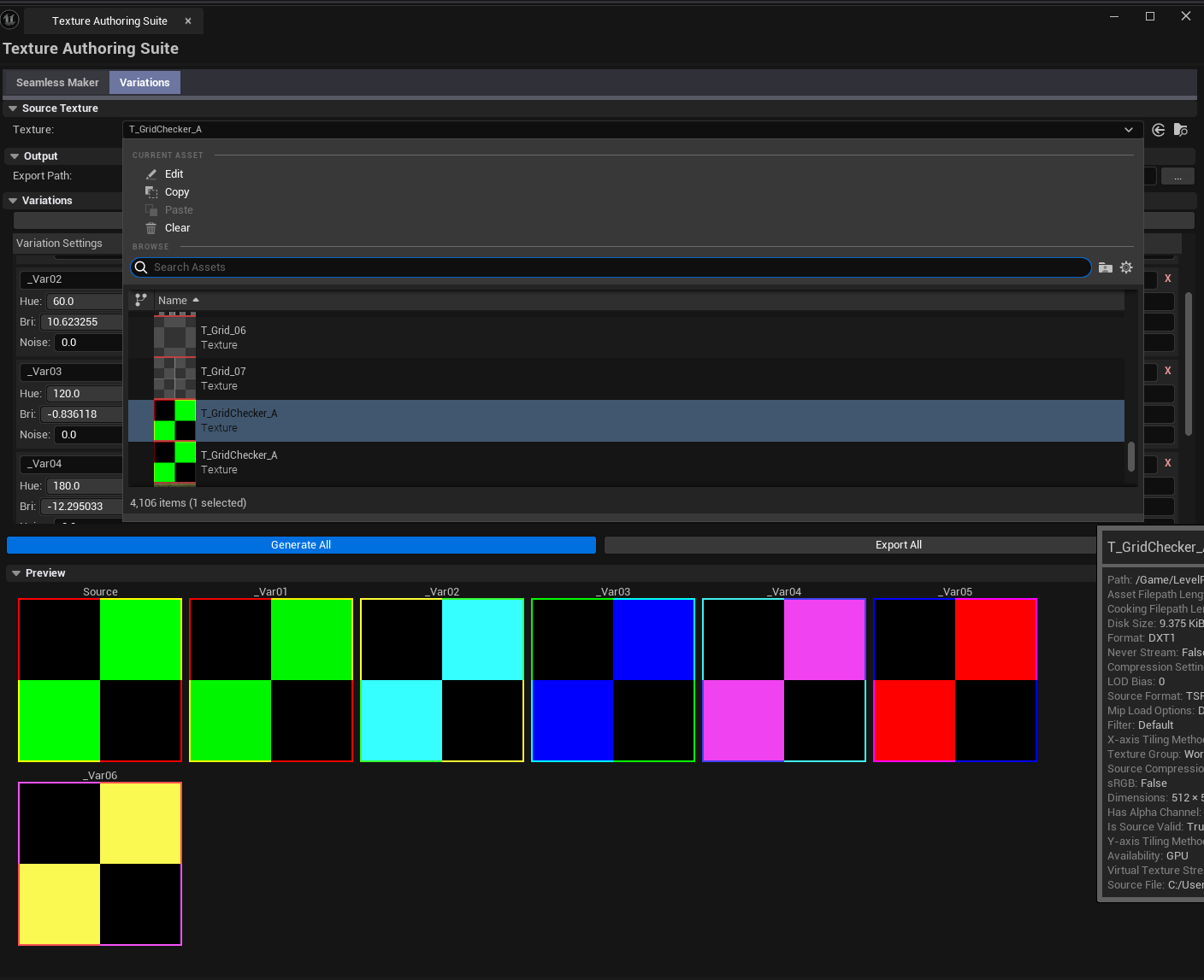 Screenshot 02 — Variations tab — Variations tab with 6 hue-shifted variants generated, list showing thumbnails of each.